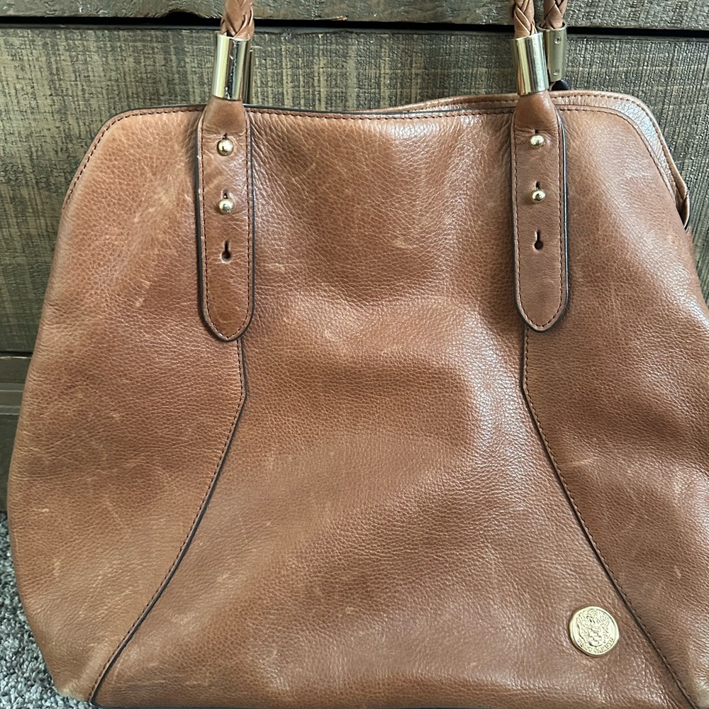 Vince Camuto Cognac Brown Leather Tote with Braided Handles